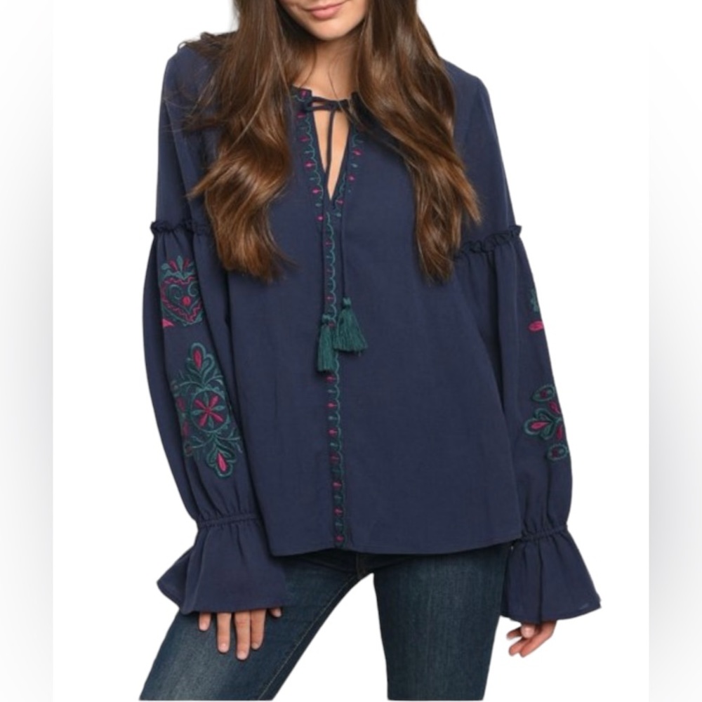 BOHO FLORAL EMBROIDERED BELL SLEEVES BLOUSE TOP - NAVY